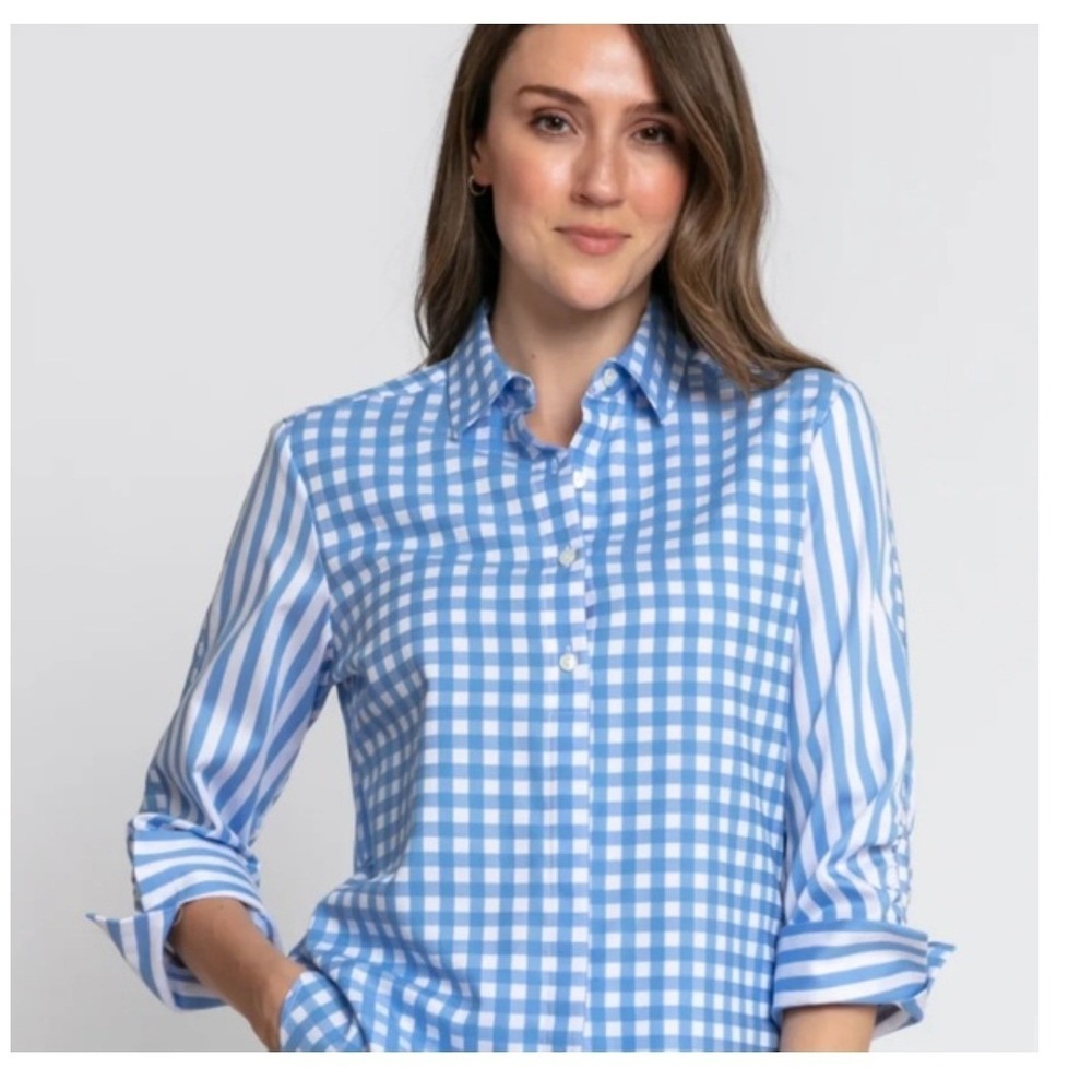 Hinson Wu Zoey Button Down Shirt M Blue Gingham Stripe Ruched 3/4 Sleeve Preppy